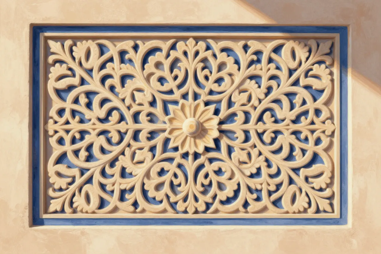 صورة توضيحية مولّدة بالذكاء الاصطناعي لـزخارف الجص الأرابيسك. المشهد توضيحي ولا يمثل صورة فوتوغرافية للأصل.