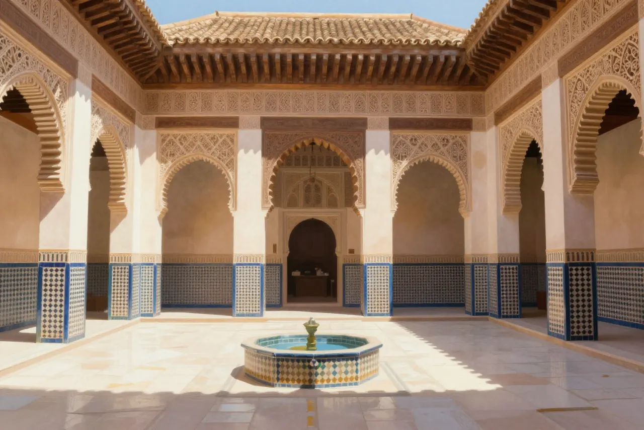 صورة توضيحية مولّدة بالذكاء الاصطناعي لـمدرسة بن يوسف بمراكش. المشهد توضيحي ولا يمثل صورة فوتوغرافية للأصل.