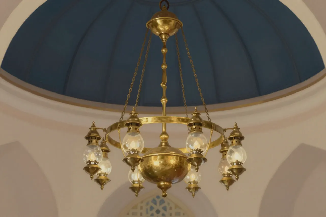 صورة توضيحية مولّدة بالذكاء الاصطناعي لـثريا المسجد. المشهد توضيحي ولا يمثل صورة فوتوغرافية للأصل.