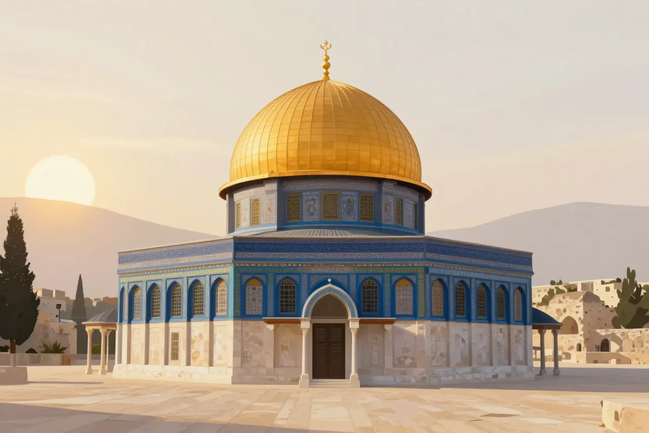 صورة توضيحية مولّدة بالذكاء الاصطناعي لـقبة الصخرة. المشهد توضيحي ولا يمثل صورة فوتوغرافية للأصل.