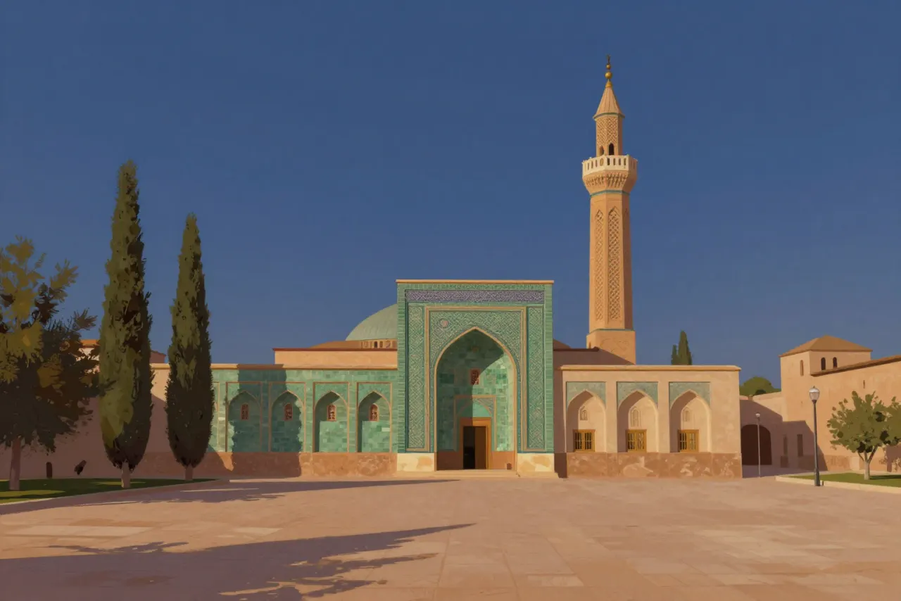 صورة توضيحية مولّدة بالذكاء الاصطناعي لـالجامع الأخضر في بورصة. المشهد توضيحي ولا يمثل صورة فوتوغرافية للأصل.