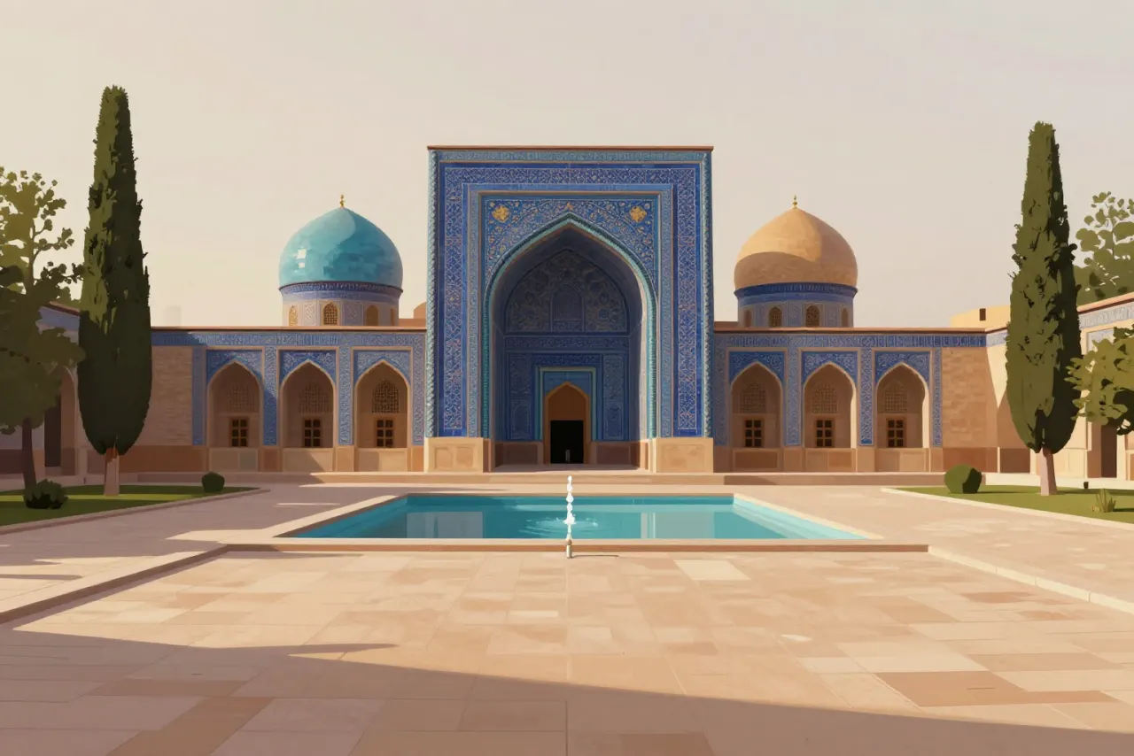 صورة توضيحية مولّدة بالذكاء الاصطناعي لـمسجد الإمام في أصفهان. المشهد توضيحي ولا يمثل صورة فوتوغرافية للأصل.