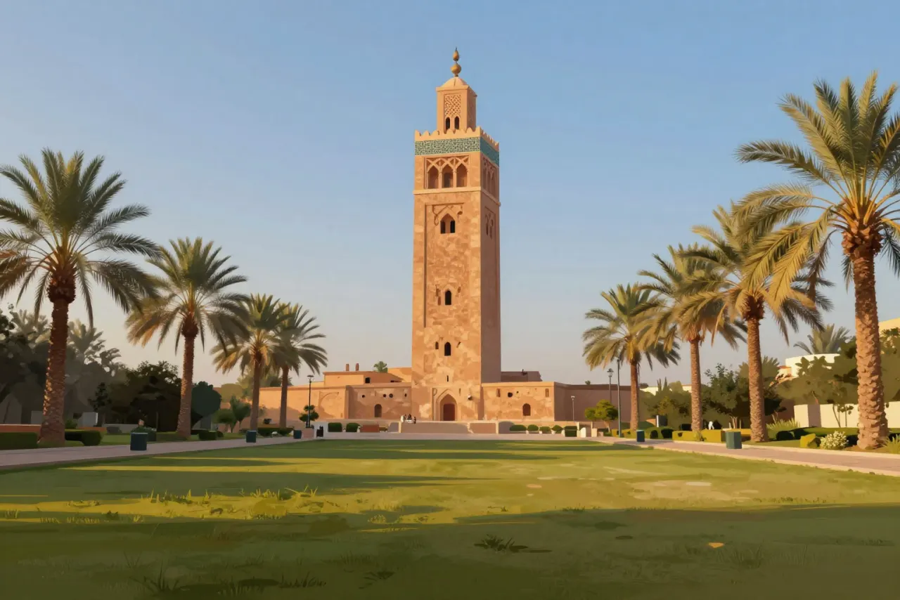 صورة توضيحية مولّدة بالذكاء الاصطناعي لـمسجد الكتبية في مراكش. المشهد توضيحي ولا يمثل صورة فوتوغرافية للأصل.