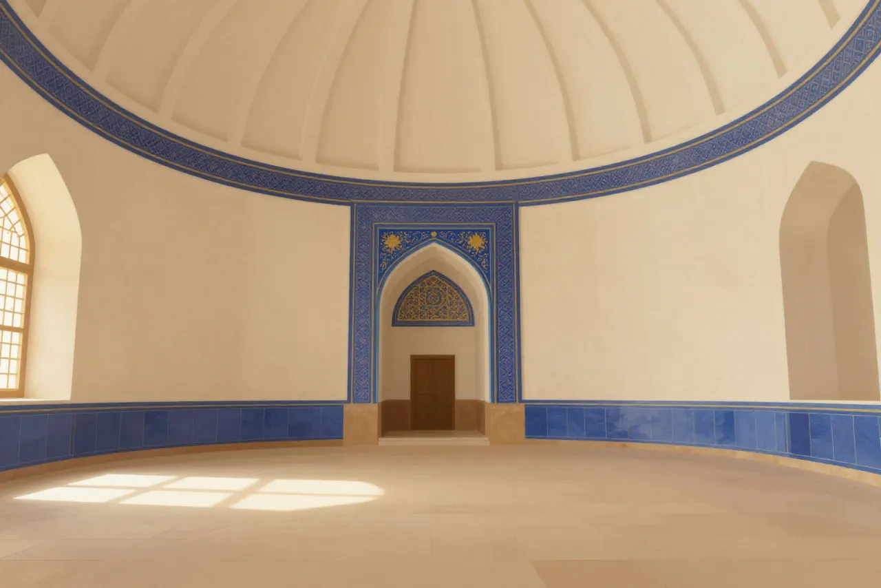 صورة توضيحية مولّدة بالذكاء الاصطناعي لـمسجد الشيخ لطف الله في أصفهان. المشهد توضيحي ولا يمثل صورة فوتوغرافية للأصل.