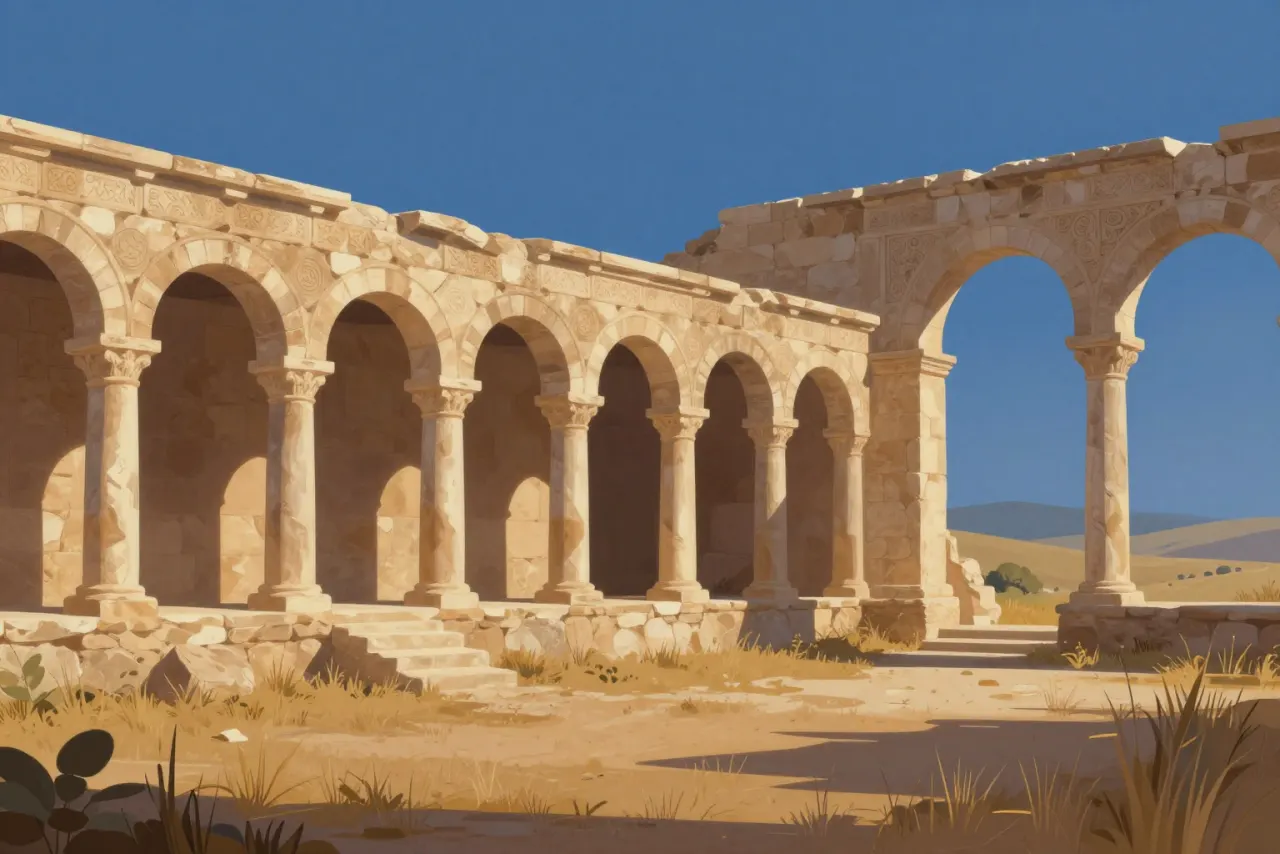 صورة توضيحية مولّدة بالذكاء الاصطناعي لـمدينة الزهراء الأثرية. المشهد توضيحي ولا يمثل صورة فوتوغرافية للأصل.