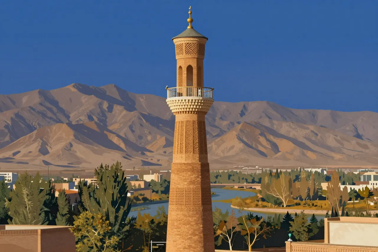 صورة توضيحية مولّدة بالذكاء الاصطناعي لـمئذنة جام. المشهد توضيحي ولا يمثل صورة فوتوغرافية للأصل.