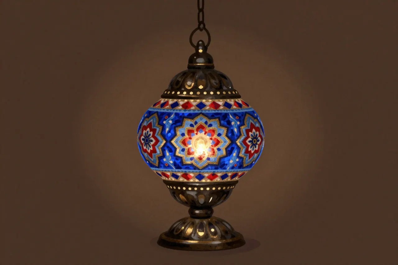 صورة توضيحية مولّدة بالذكاء الاصطناعي لـمشكاة زجاجية مملوكية. المشهد توضيحي ولا يمثل صورة فوتوغرافية للأصل.