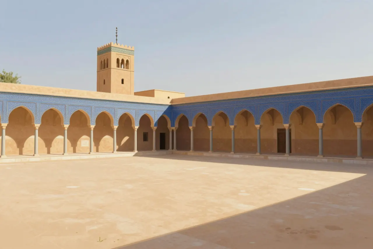 صورة توضيحية مولّدة بالذكاء الاصطناعي لـجامع القيروان. المشهد توضيحي ولا يمثل صورة فوتوغرافية للأصل.