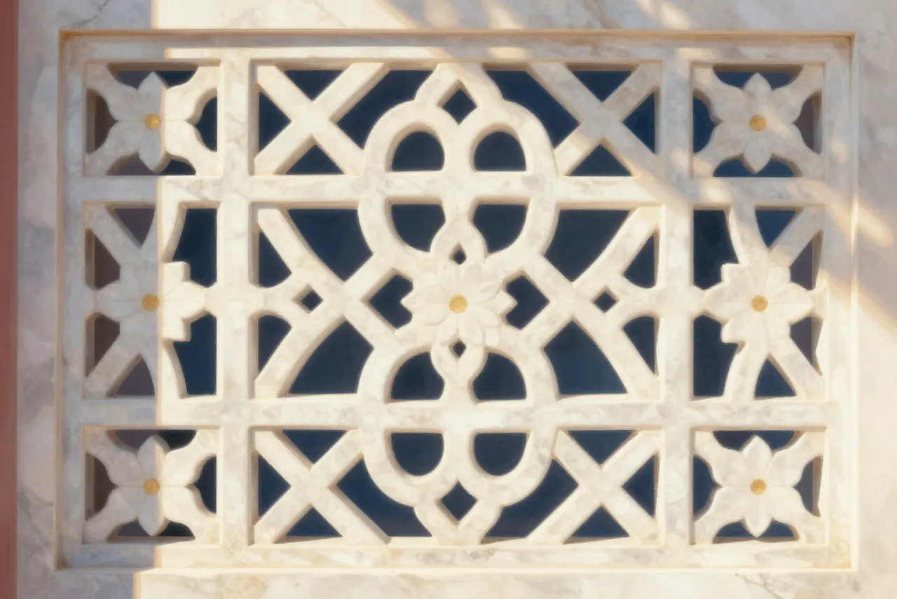صورة توضيحية مولّدة بالذكاء الاصطناعي لـالجالي الرخامي المغولي. المشهد توضيحي ولا يمثل صورة فوتوغرافية للأصل.