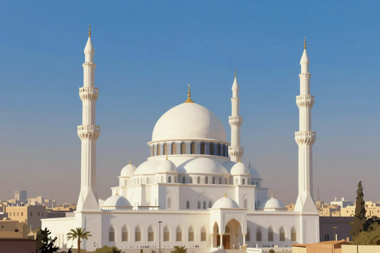 صورة توضيحية مولّدة بالذكاء الاصطناعي لـجامع محمد علي بالقلعة. المشهد توضيحي ولا يمثل صورة فوتوغرافية للأصل.