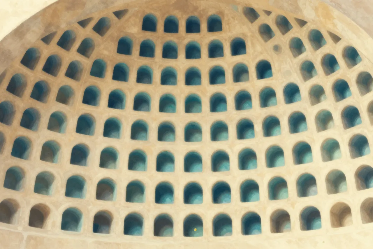 صورة توضيحية مولّدة بالذكاء الاصطناعي لـمقرنصات. المشهد توضيحي ولا يمثل صورة فوتوغرافية للأصل.