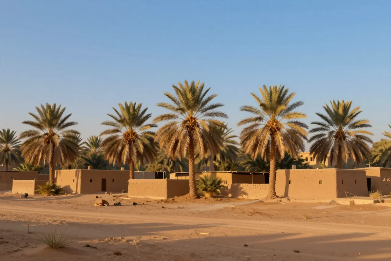 صورة توضيحية مولّدة بالذكاء الاصطناعي لـواحة في الحجاز. المشهد توضيحي ولا يمثل صورة فوتوغرافية للأصل.