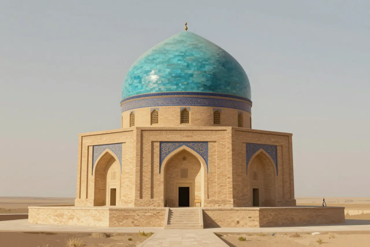 صورة توضيحية مولّدة بالذكاء الاصطناعي لـضريح أولجايتو في سلطانية. المشهد توضيحي ولا يمثل صورة فوتوغرافية للأصل.