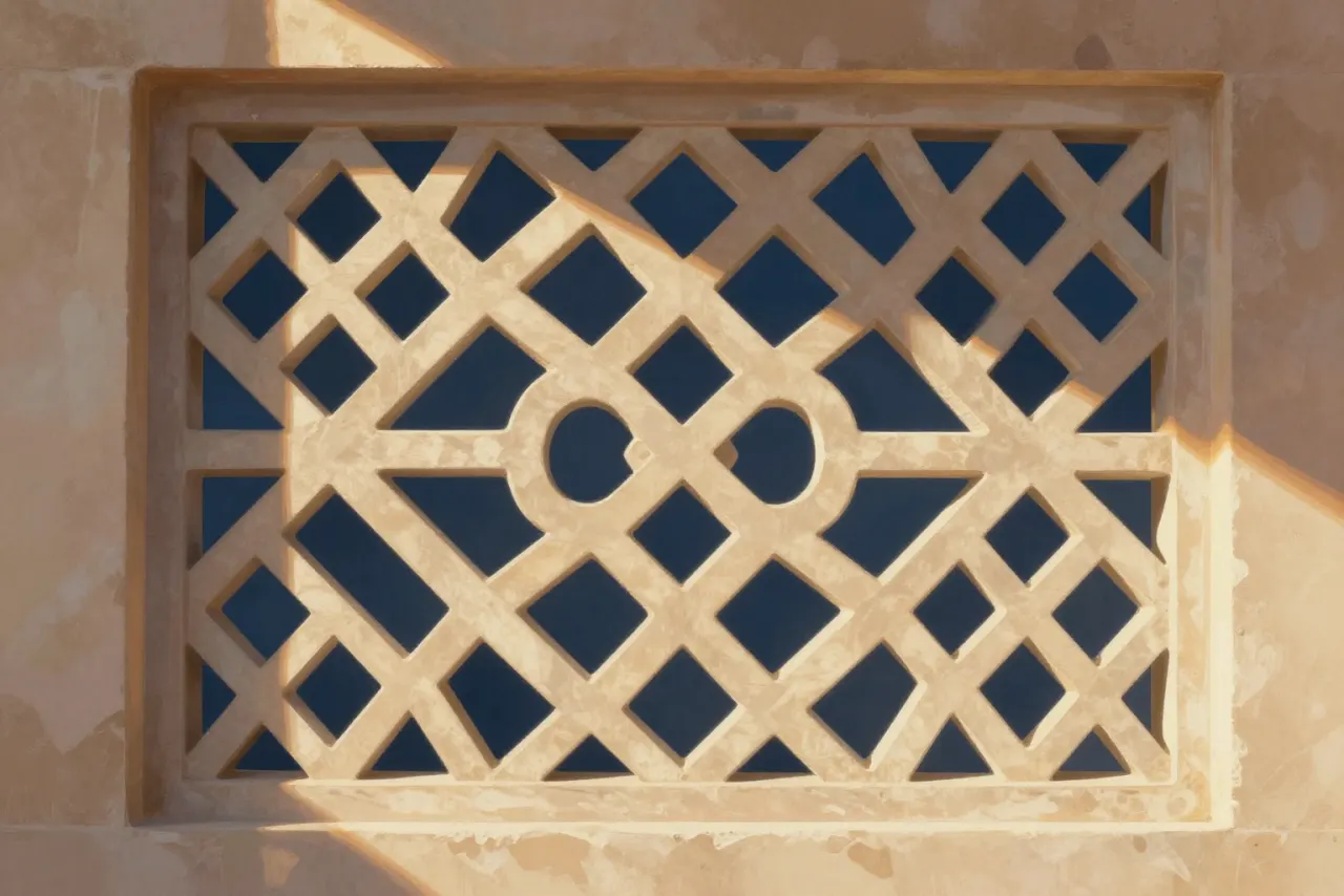 صورة توضيحية مولّدة بالذكاء الاصطناعي لـشباك حجري مخرّم. المشهد توضيحي ولا يمثل صورة فوتوغرافية للأصل.