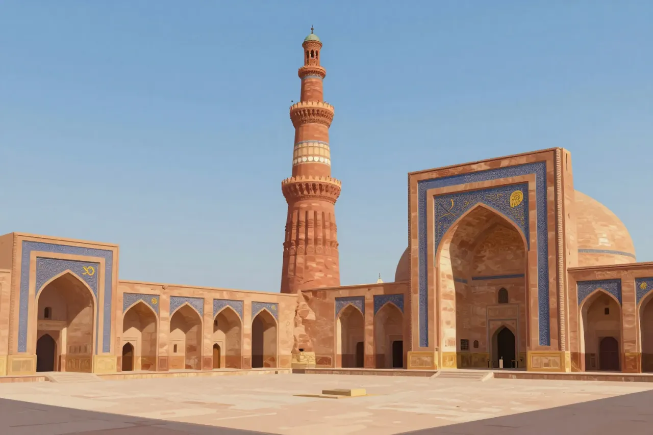 صورة توضيحية مولّدة بالذكاء الاصطناعي لـقطب مينار في دلهي. المشهد توضيحي ولا يمثل صورة فوتوغرافية للأصل.