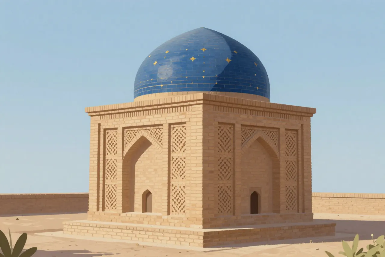صورة توضيحية مولّدة بالذكاء الاصطناعي لـمقبرة السامانيين في بخارى. المشهد توضيحي ولا يمثل صورة فوتوغرافية للأصل.