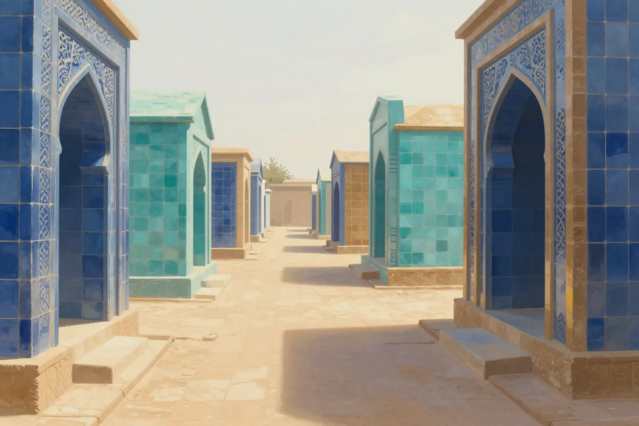 صورة توضيحية مولّدة بالذكاء الاصطناعي لـشاه زنده في سمرقند. المشهد توضيحي ولا يمثل صورة فوتوغرافية للأصل.