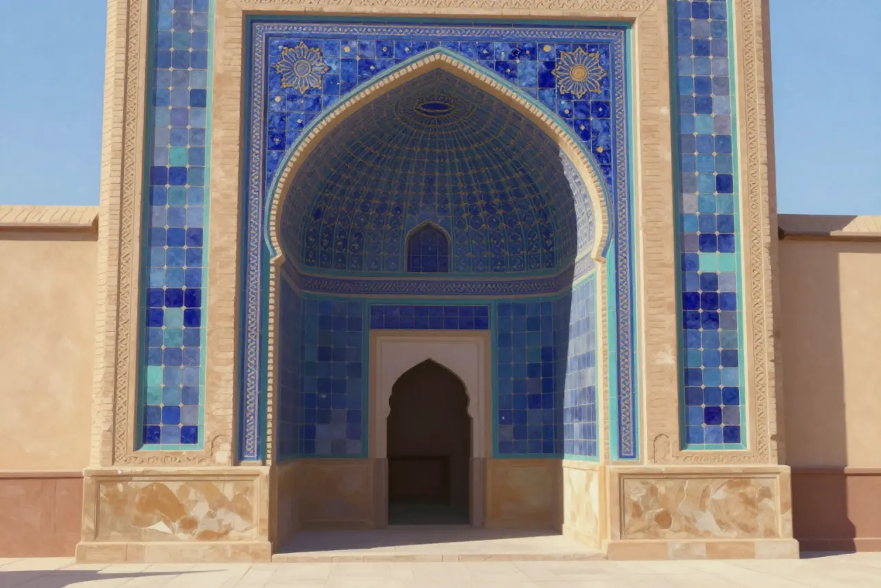 صورة توضيحية مولّدة بالذكاء الاصطناعي لـمسجد الشاه في أصفهان. المشهد توضيحي ولا يمثل صورة فوتوغرافية للأصل.