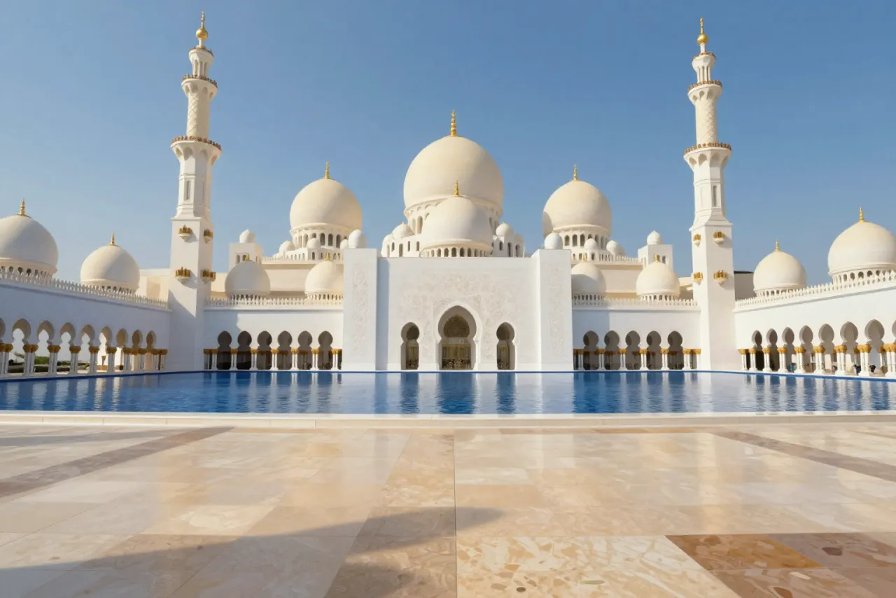 صورة توضيحية مولّدة بالذكاء الاصطناعي لـجامع الشيخ زايد الكبير. المشهد توضيحي ولا يمثل صورة فوتوغرافية للأصل.