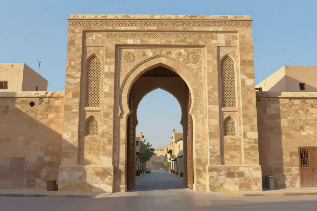 صورة توضيحية مولّدة بالذكاء الاصطناعي لـمدرسة السلطان حسن بالقاهرة. المشهد توضيحي ولا يمثل صورة فوتوغرافية للأصل.