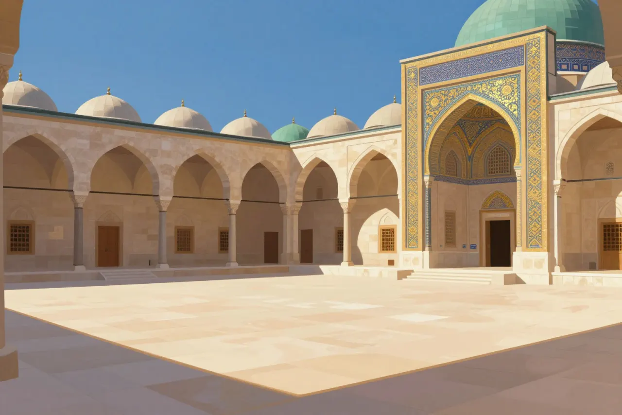 صورة توضيحية مولّدة بالذكاء الاصطناعي لـالجامع الأموي بدمشق. المشهد توضيحي ولا يمثل صورة فوتوغرافية للأصل.
